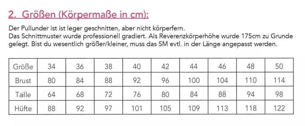 Maßtabelle für Pullundergrößen in Zentimetern.